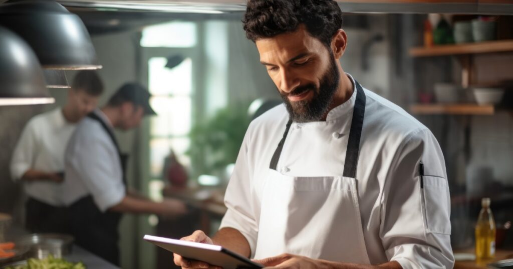 chef using a tablet to optimize kitchen processes